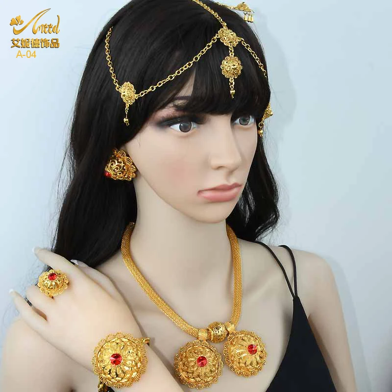 Bridal Jewelry Sets for ANIID Dubai Ethiopian Flower Shape Plated 6pcs for Women Nigerian Luxury Necklace Wedding Party Gifts