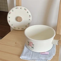 Poêle à Lait en Émail avec Couvercle, Vintage Rose, Marmite de Cuisine, Offre pour Bébé, Petit Pot à Soupe Noire, Ustensiles de Cuisine 6