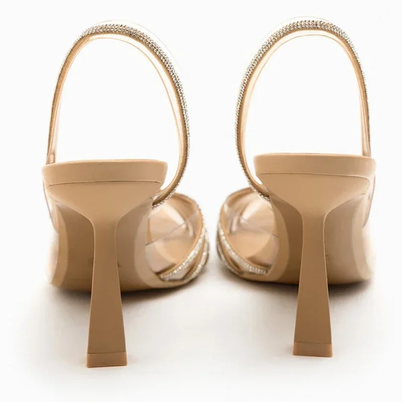 Summer Women's Shiny Rhinestone Pointed End High Heels Sandals Fashion Transparent PVC Woman Pumps Sexy Slingback Woman Shoes