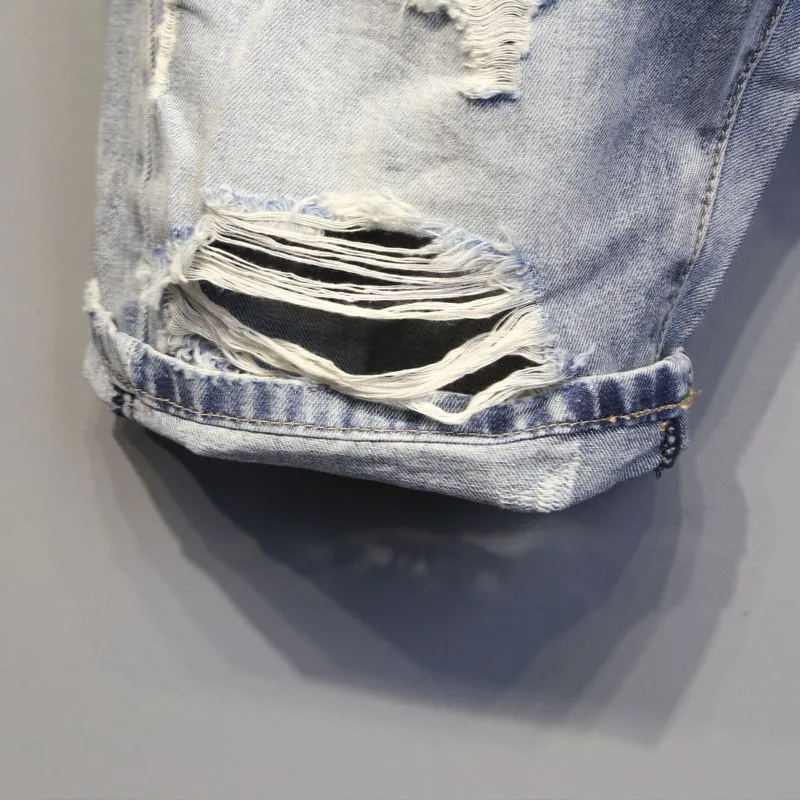 best men's casual shorts Summer New Mens Slim Denim Shorts Hole Fashion Straight Japanese Style Korean Streetwear Business Casual Knee Length Shorts smart casual shorts mens