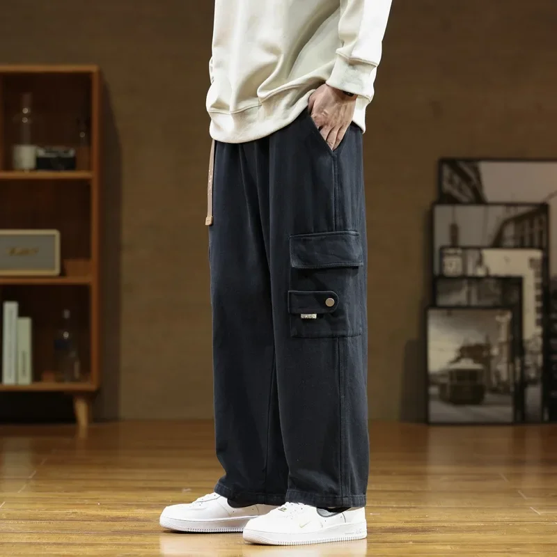 Men Cargo Pants Cotton Straight Wide Leg Oversize Pants Male Korean Style Autumn Big Size Fashion Pockets Casual wide leg pants men cargo pants