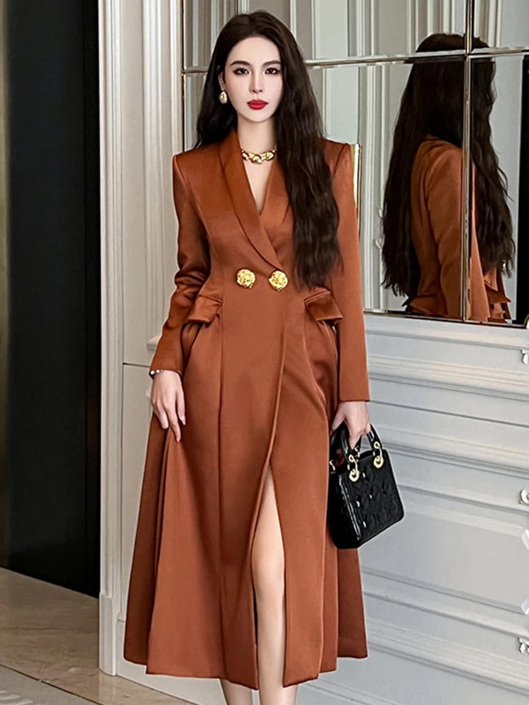 

Модная Женская атласная винтажная длинная куртка, пальто, официальная Женская одежда, элегантная офисная деловая женская верхняя одежда, ветровка