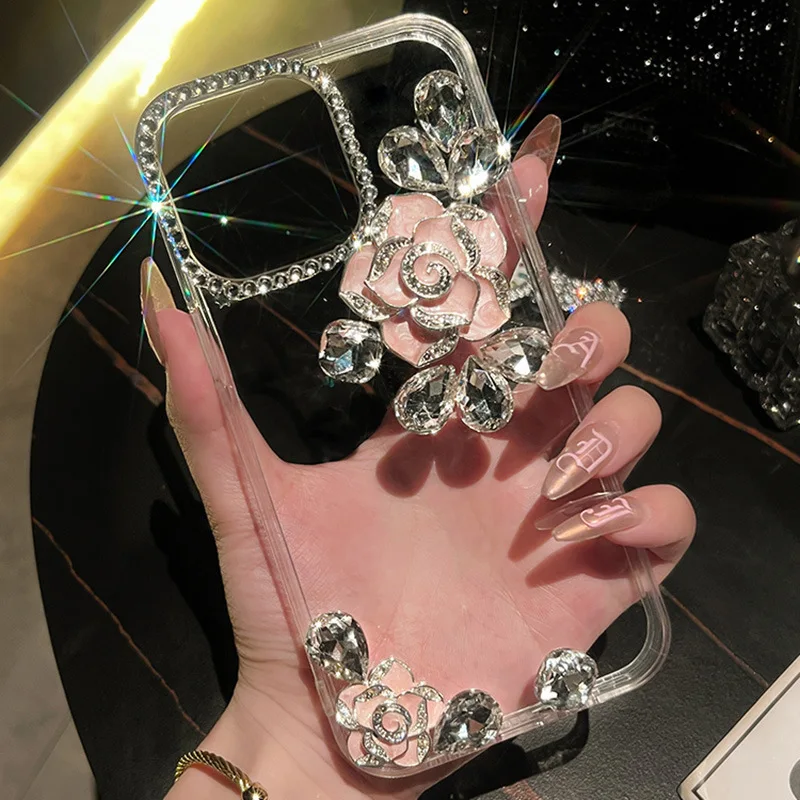 

3D Bling Luxury Glitter Diamond Camellia Flower Phone Case for IPhone 15 14 13 12 11 Pro Max XSMAX Back Cover Protective Cover