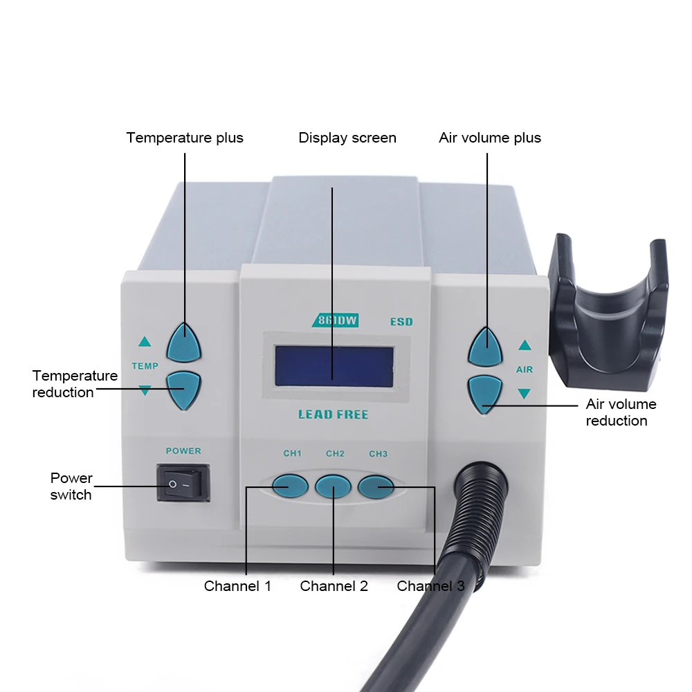 861DW Heat Gun Digital Display Station Hot Air Rework Station Soldering 1000W 110V 100℃~500℃ 4