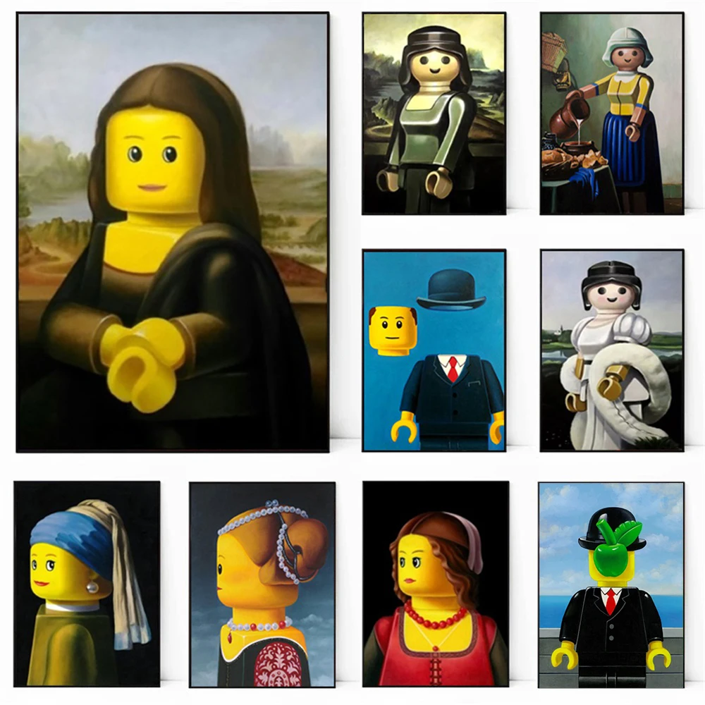 Astratto Divertente Mona Lisa Lego Poster E Stampe Cartoon Famoso Dipinto Su Tela Wall Art Per Soggiorno Camera Dei Bambini Decorazione Della Casa