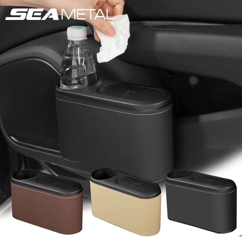 Leather ABS Car Trash Can Hanging Bin with Drink Holder