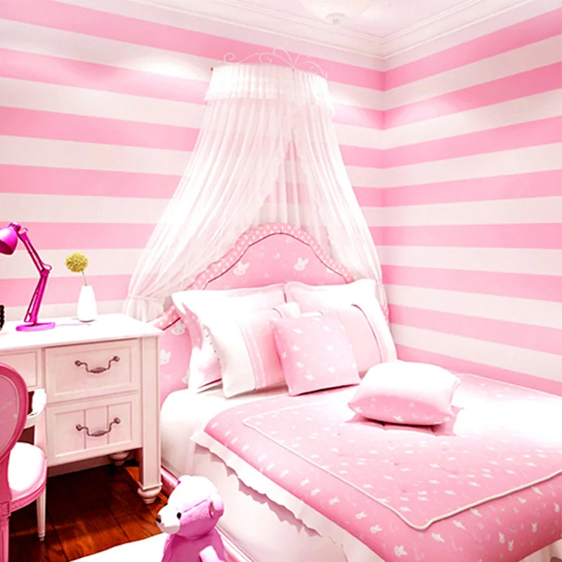 Modern simple Korean stripe wallpaper Pink Princess children's room warm girl's room bedroom non-woven wallpaper