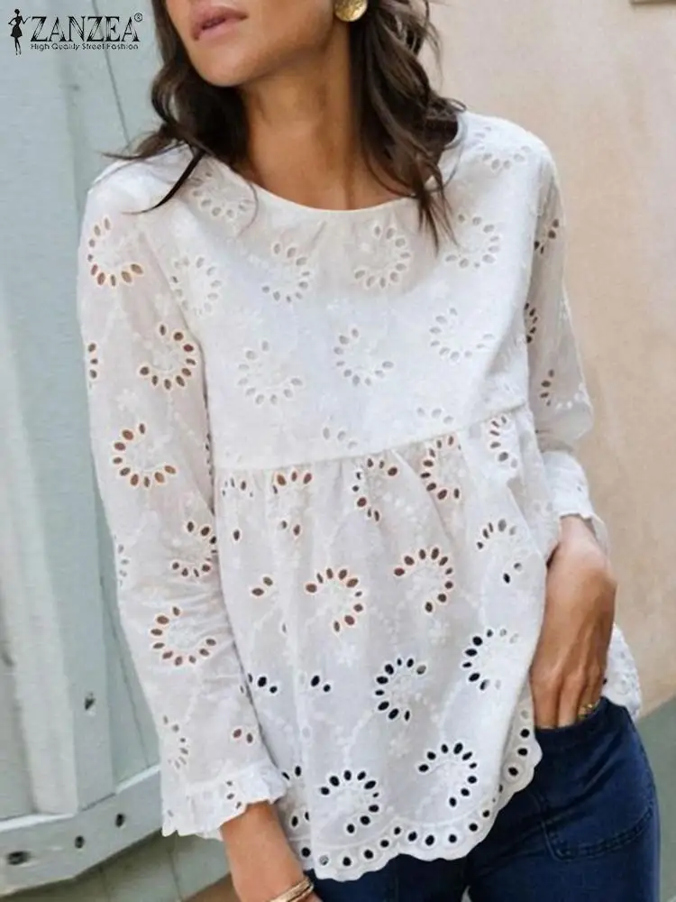 ZANZEA Bohemian Lace Patchwork Blouse Fashion Long Sleeve Tunic Tops Woman O-Neck Cotton Shirt Autumn Casual Holiday Blusas 2023