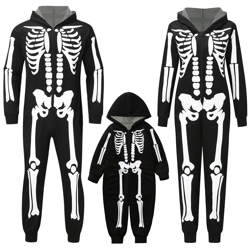 

Halloween Family Matching Outfits Fashion Skeleton Print Hooded Jumpsuit Pajama Family Look Father Mother Kids Halloween Costume