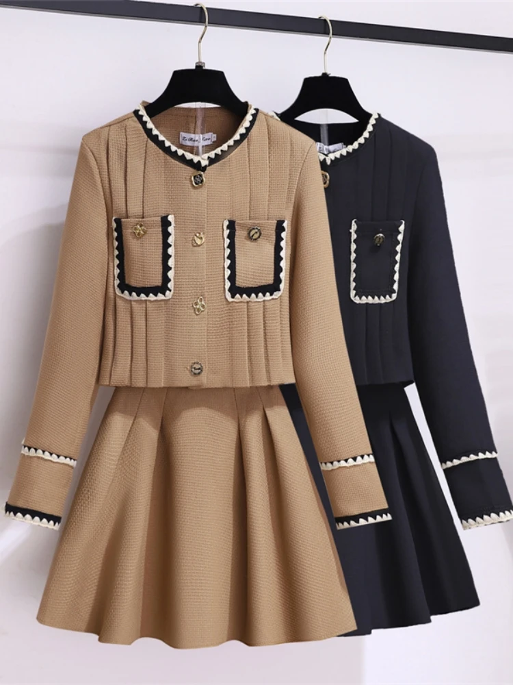 

Women Autumn Winter New Small Fragrance Tweed Suits Floral Buttons Pocket Weave Short Jacket Coat+ Mini A Line Skirt 2Piece Sets