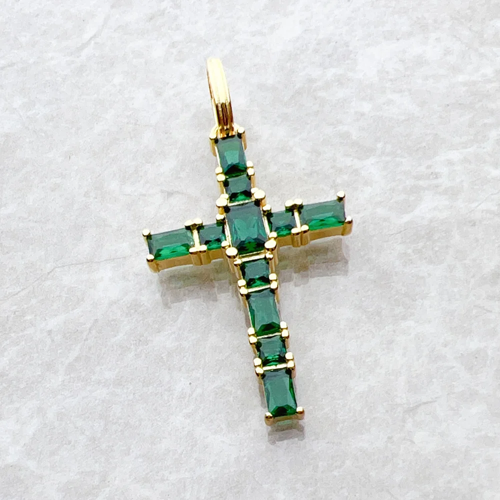 Pendant Necklace Silver Pendant Gold Plated Cross Green Stones