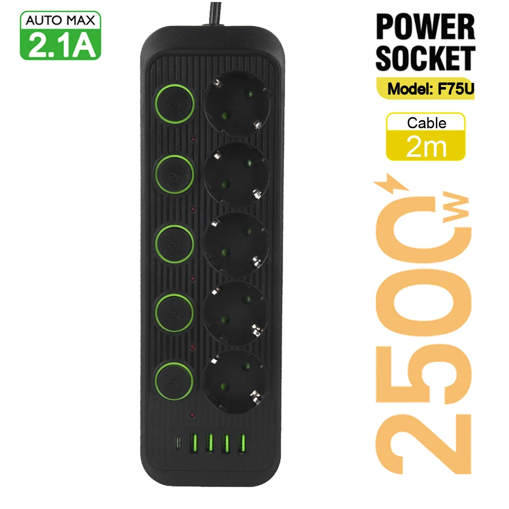 European Standard Power Strip with USB Ports and Network Filter, Individual Switch, EU Plug