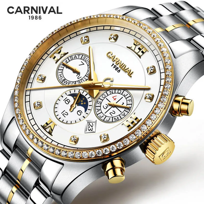 Carnival Mens Mechanical Watch Multifunctional Moon Phase 24 Hours Luminous Stainless Steel Automatic Watches Men Reloj Hombre