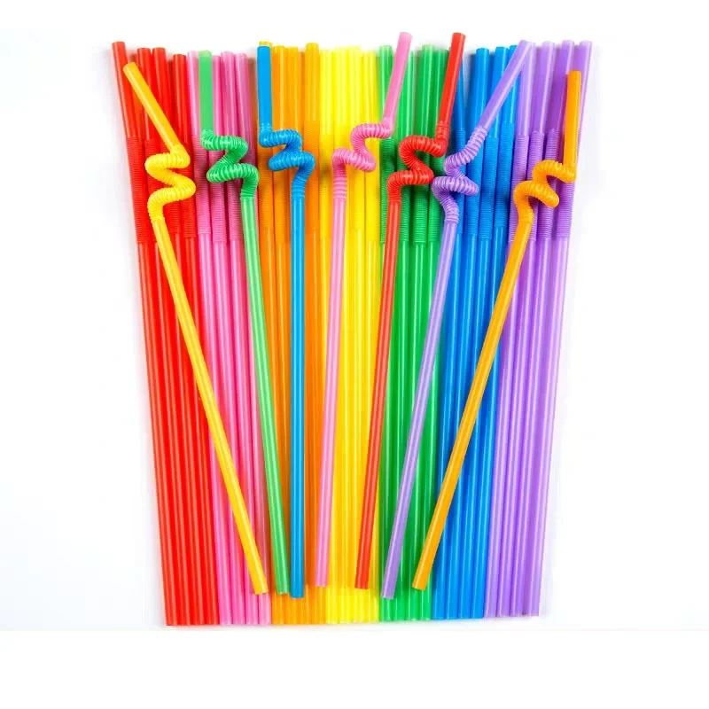 100Pcs Drinking Plastic Straws Colorful Art Long Flexible Wedding Party Supplies Plastic Drinking Straws Kitchen Accessories