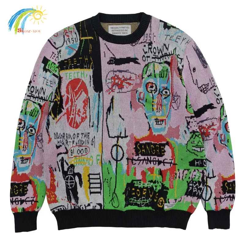 

23FW High Street Green Graffiti Jacquard WACKO MARIA Knitted Sweater Men Women Top Quality Crewneck Sweatshirts Inside Tags