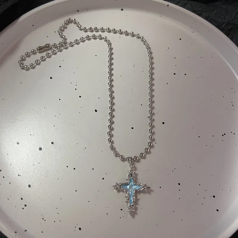 Gothic Blue Cross Pendant Sliver Color Chain Necklace For Women
