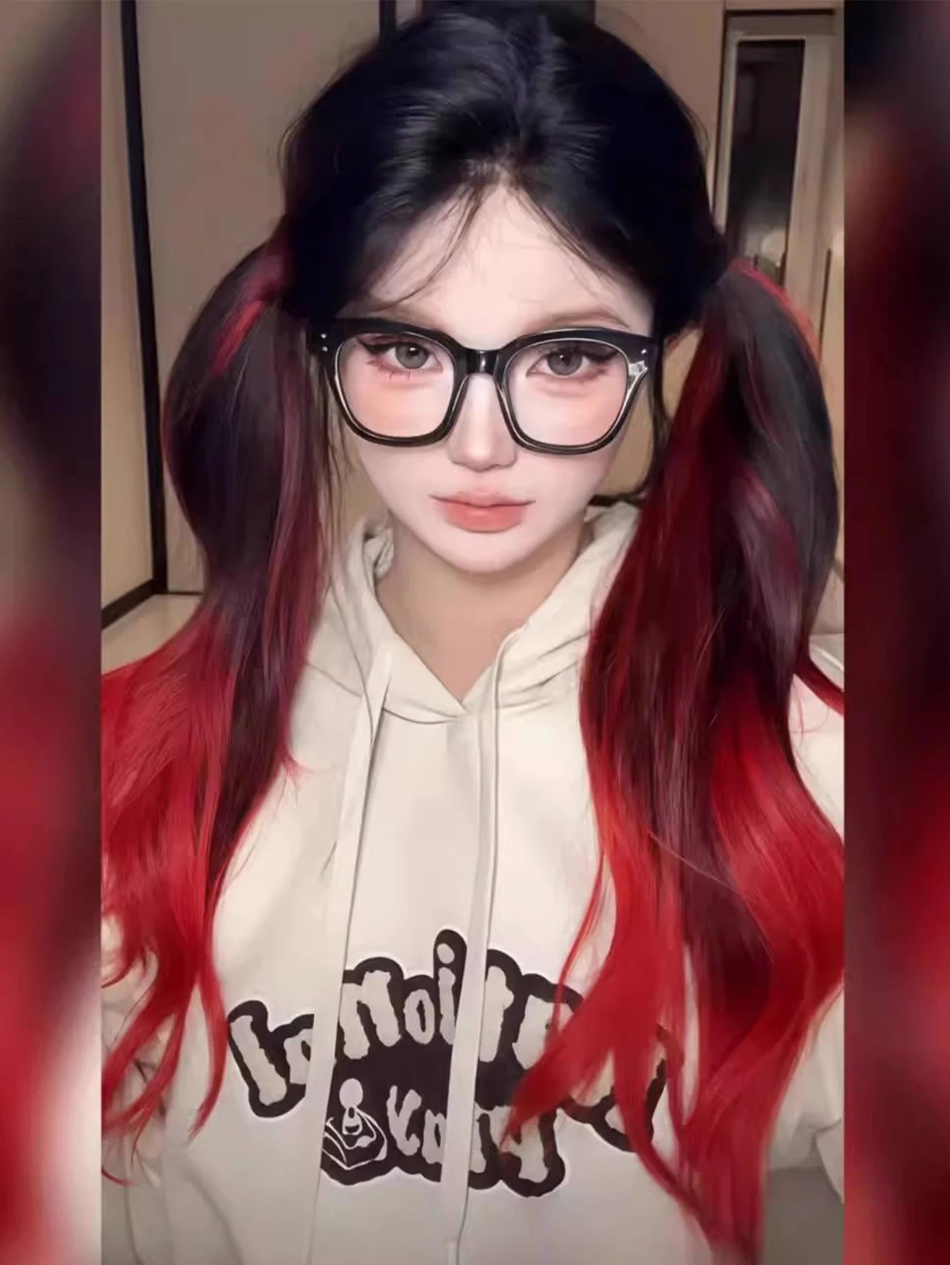 Synthetic Red Black Curly Wavy Lace Front Wig for Daily Cosplay