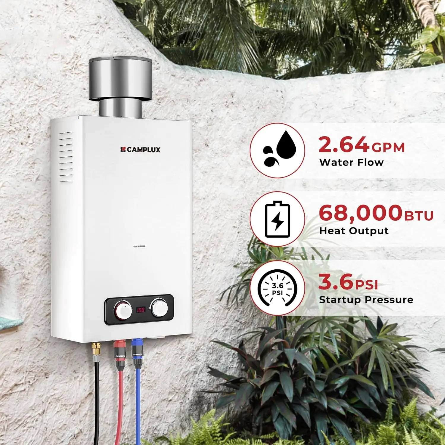 Tankless Water Heater 2.64 GPM Outdoor Propane Water Heater with 4.33" S/S Rain Cap for Propane Shower Camping Trip