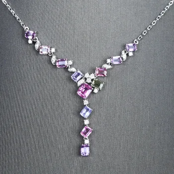 New Trendy Silver Color Geometric Necklaces For Women Shine Pink Purple Zircon Stone Inlay Fashion Jewelry Evening Party Gift