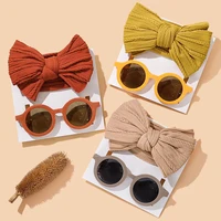 2Pcs/Set Puff Bow Baby Headband Sunglasses Matte Flower Circular Sun Glasses Eye Wear Elastic Nylon Hair Bands Seaside Headdress 1