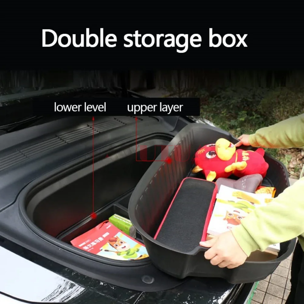 Double-Layer Rear Trunk Storage Box for Tesla Model Y 3 2019-2022 Trunk  Organizer Frunk Upper & Lower Storage Organizer Tray