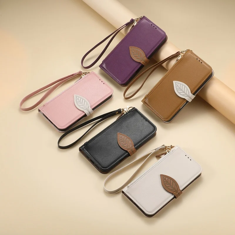Leaf Buckle Leather Wallet Phone Case - Premium Card Holder Cover