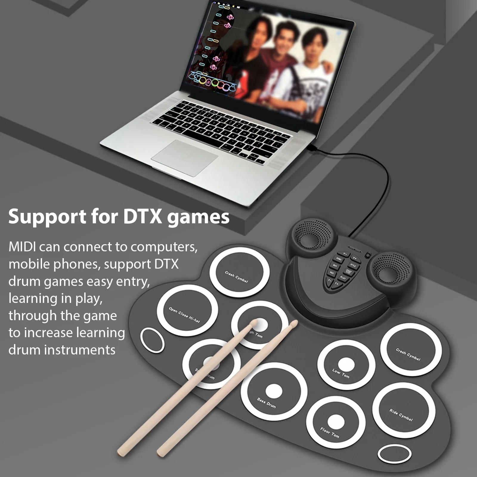 Electronic Drum Set Hand Roll Drum Set with Drumsticks Foot Pedal 9 Pads Dual Speaker Rechargeable Practice Pad Kit