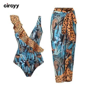 Circyy One Piece Swimsuit Women cheetah Print Ruffled Bodysuit Two-piece Lace Up Chiffon Beach Skirts Summer 2025 New Beachwear