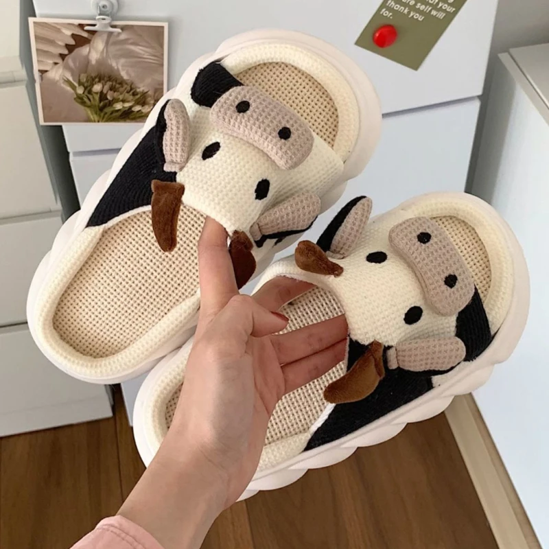 

Hot Sale Women Milk Cow Linen Slippers Four Seasons Men Indoor Sandals Adults Cartoon Slides Couples Cute Breathable Home Shoes
