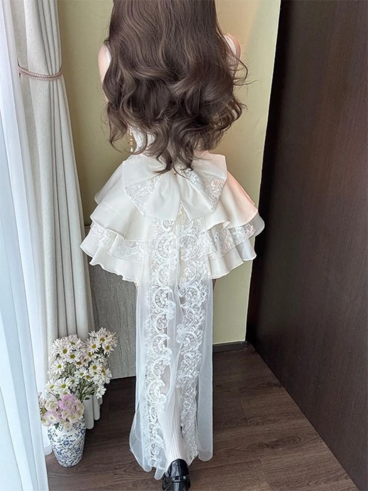 Abito Elegante di Lusso Francese da Donna, Vestito Slim in Pizzo con Fiocco Staccabile, Gonna a Palloncino Senza Maniche, Outfit Estivo Chic Coquette per Feste - immagine 5
