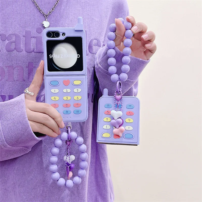 

Lovely 3D Purple Retro Classic Keyboard Phone Case for Samsung Galaxy Z Flip 5 4 3 Protective Armor Cover Chain for Flip4 ZFlip5