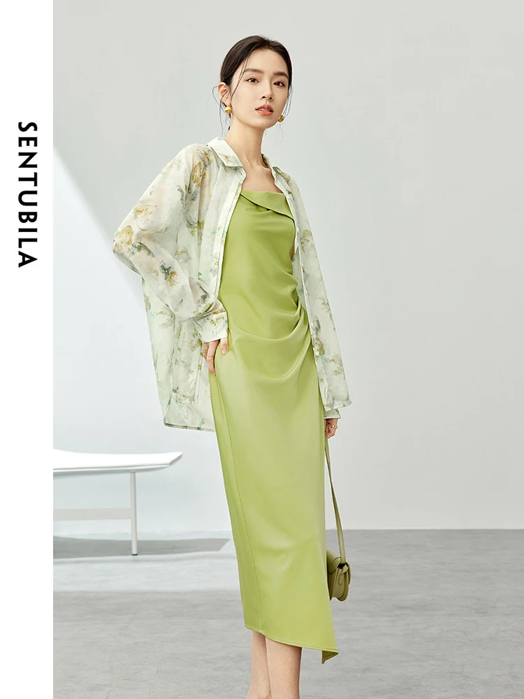 SENTUBILA Women's Dresses Set Floral Lapel Button Up Shirt Irregular Camisole Dress 2024 Spring Summer Female Clothing 141Z53472