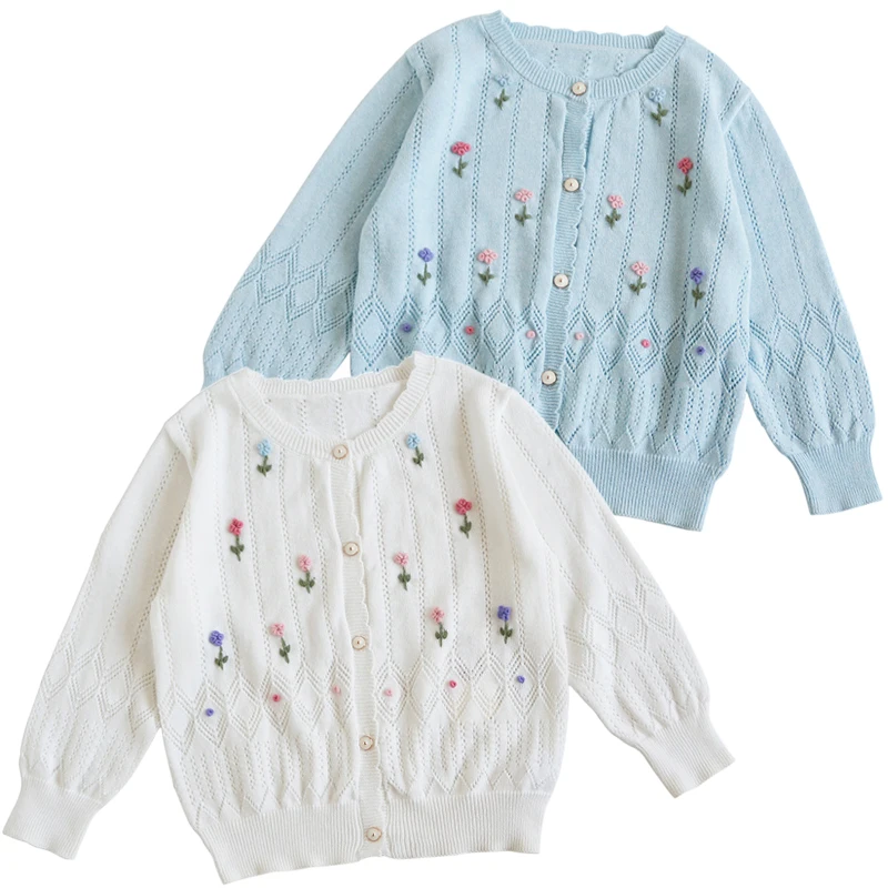 

1-6Yrs Kids Cardigan Sweater Embroidery Flowers Baby Boys Girls Elegant Autumn Knitted Top Long Sleeve Hollow out Knitwear Coat