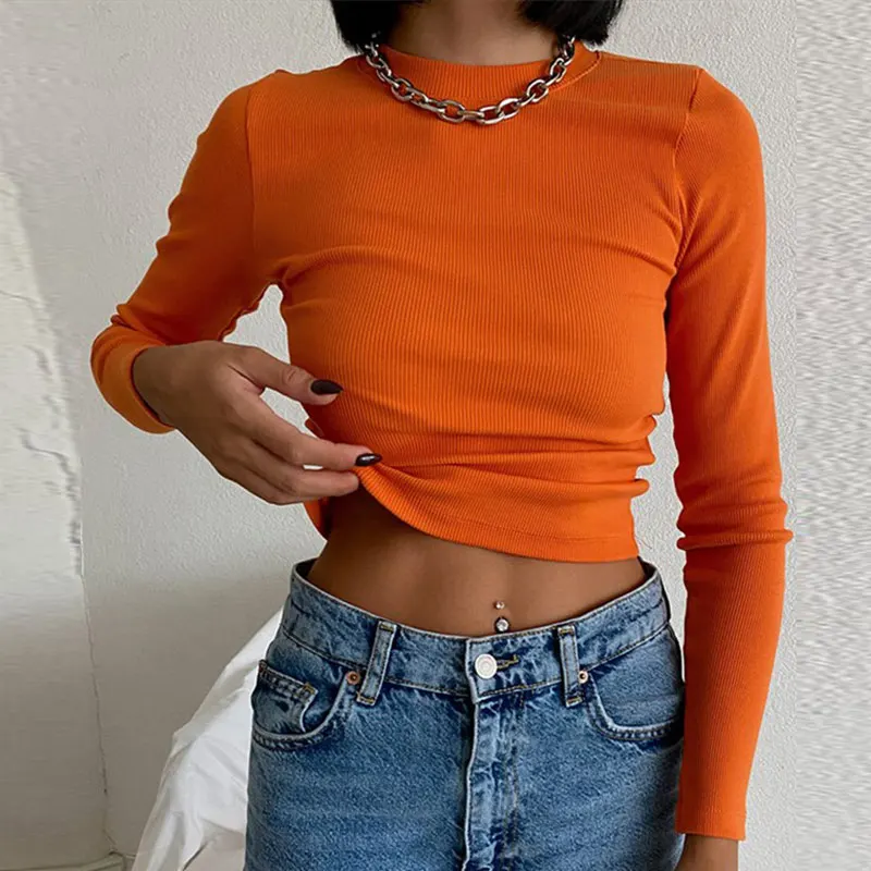 Women Retro Green Orange O Neck Thread Splicing Long Sleeve T-Shirts Female Spring Summer Simple Basic Solid Skinny Cropped Tops black t shirt for men Tees