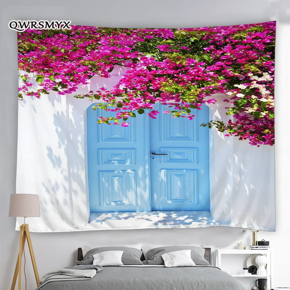 

Blue Door Red Flowers tree Tapestry Wall Hanging Aesthetic Scenery Decoration For Bedroom home Living Room Decor Wall Tapestries