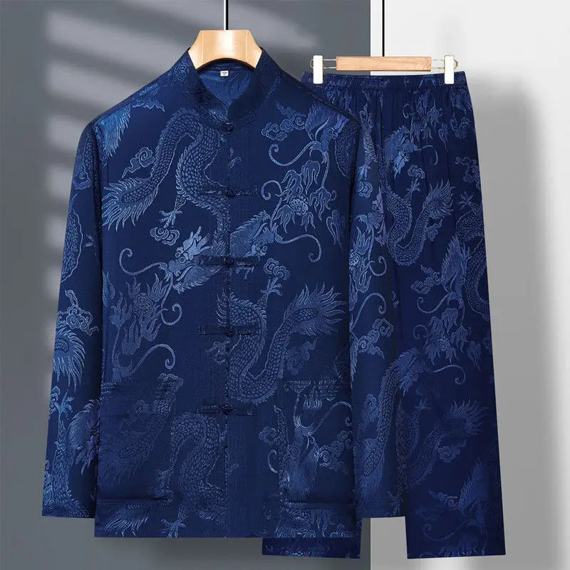 

2024 Spring New Middle Aged Elderly Tang Suit Men's Long Sleeved Satin Dragon Kung Fu Chinese Plus Size Shirt Training Clothing