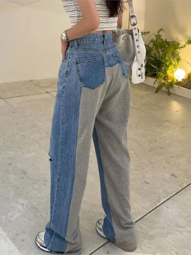 Autumn Winter Jeans Long Pant Women Hole Fashion Irregular Patchwork Ladies Trousers Korean High Waist Loose Woman Pants 2023