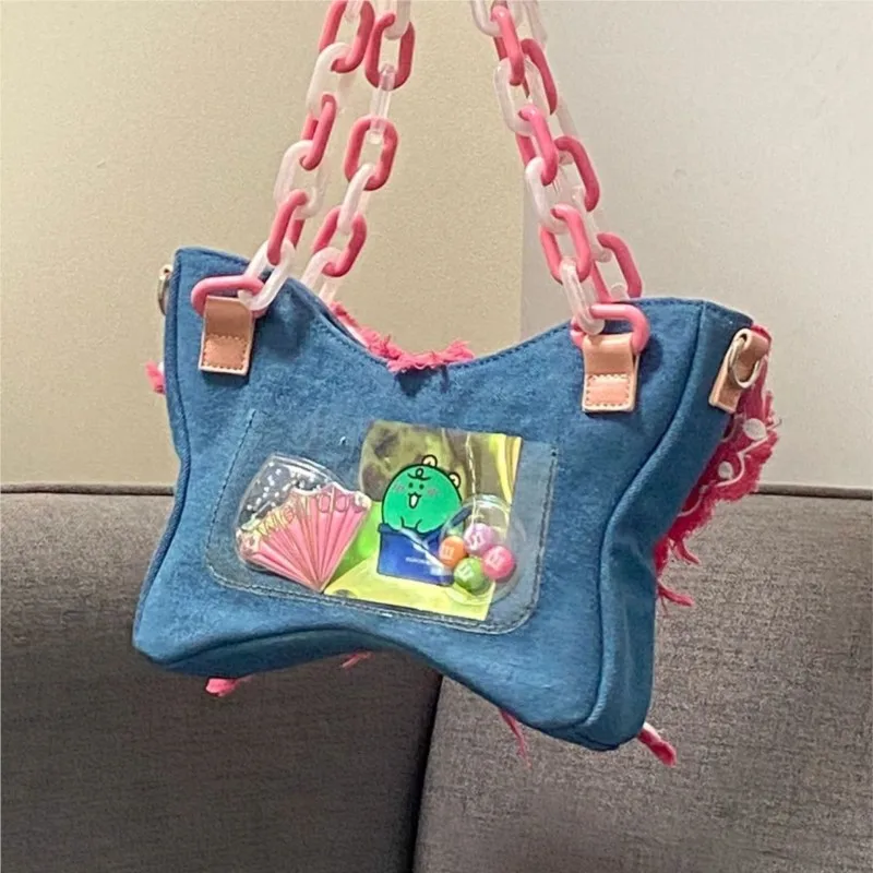 Denim Butterfly Color Block Ita Bag Women  Acrylic Large Capacity Chain Shoulder Bags Ladies Unique Shape Dopamine Underarm Bag