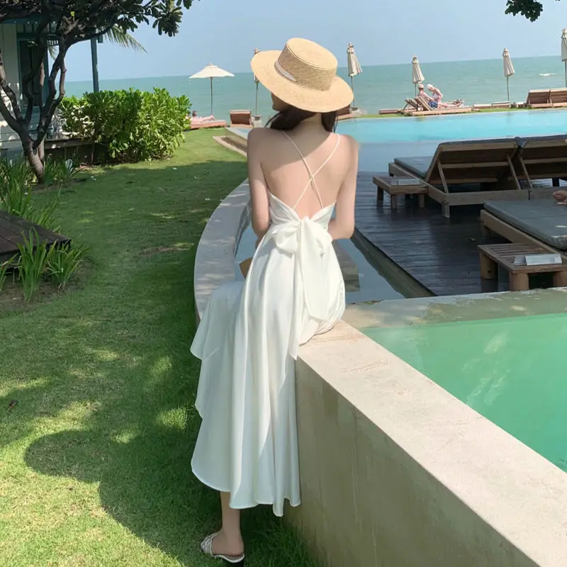 

Long White Satin Women Slip Dress Summer Runway Elegant Vacation Party Night Dress Backless Tropical Korean Beach Sling Sundress