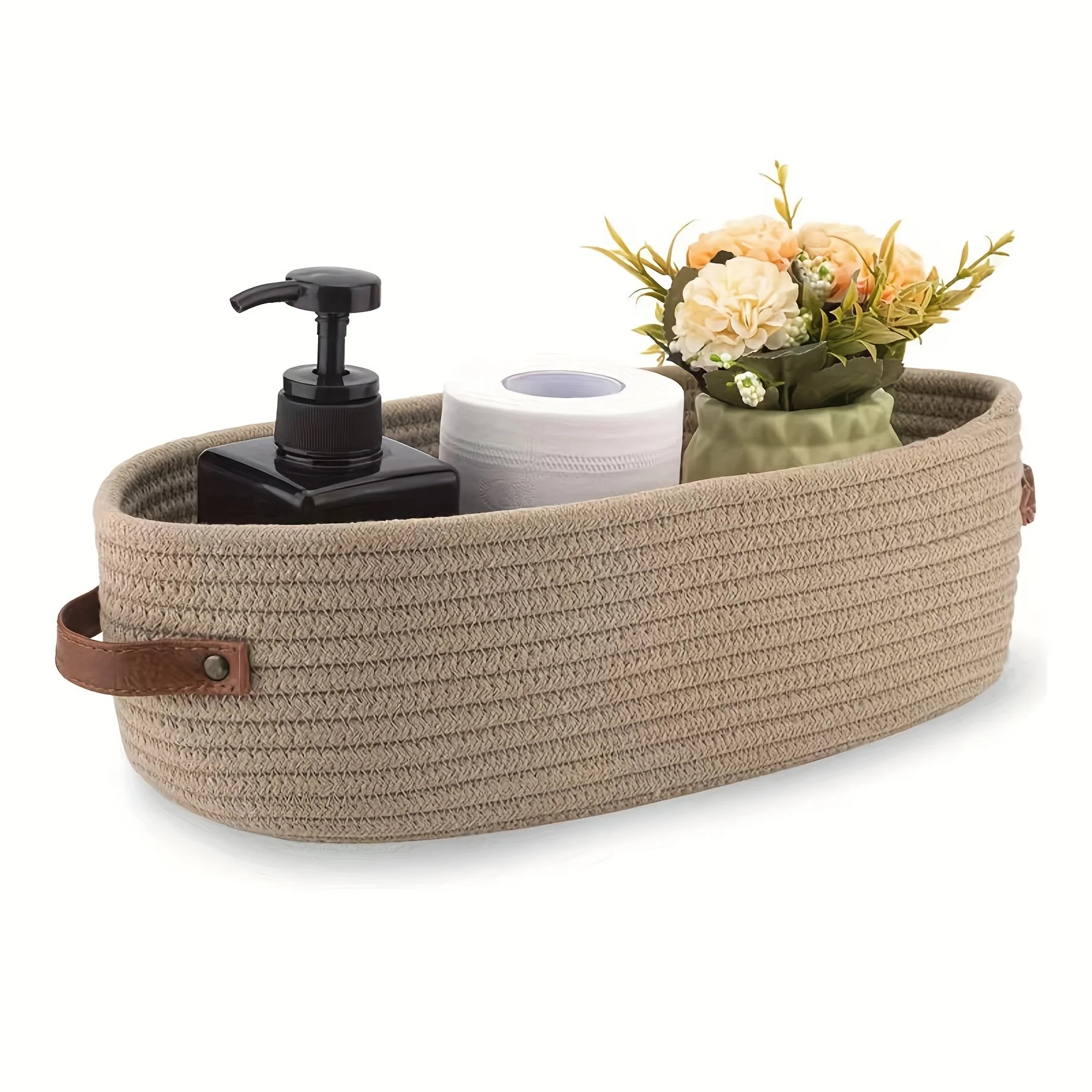 Oval Leather Handle Cotton Rope Toy Bathroom Storage Basket storage basket
