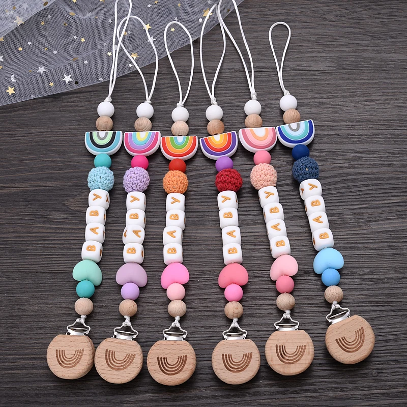 

Personalized Name Beech Wood Baby Pacifier Clips Cartoon Rainbow Silicone Teether Chew Beads Nipple Holder Infant Pacifier Chain