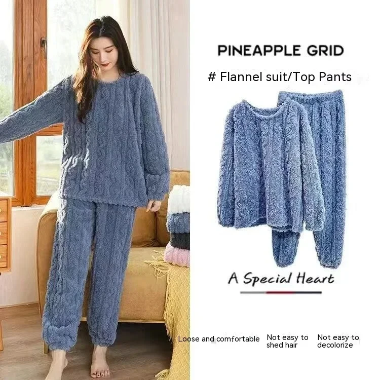 Ensemble pyjama épais et chaud en molleton de corail pour femme, vêtements de maison imprimés de dessins animés, vêtements de nu 5
