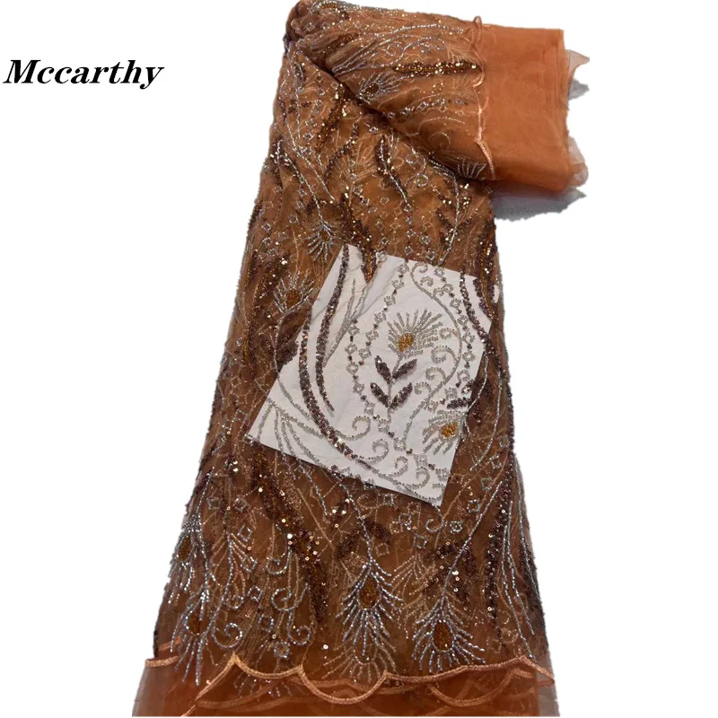 

Нигерийская Тяжелая кружевная ткань ручной работы из бисера, 2024 африканские Роскошные Блестки и жемчужины, сетчатая кружевная ткань для свадебного платья невесты