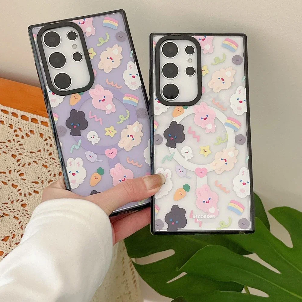 Cute Rabbit MagSafe Acrylic Black Border Magnetic Phone Case for Samsung Galaxy S22U S23 Ultra S24 Ultra Cover Protective Shell