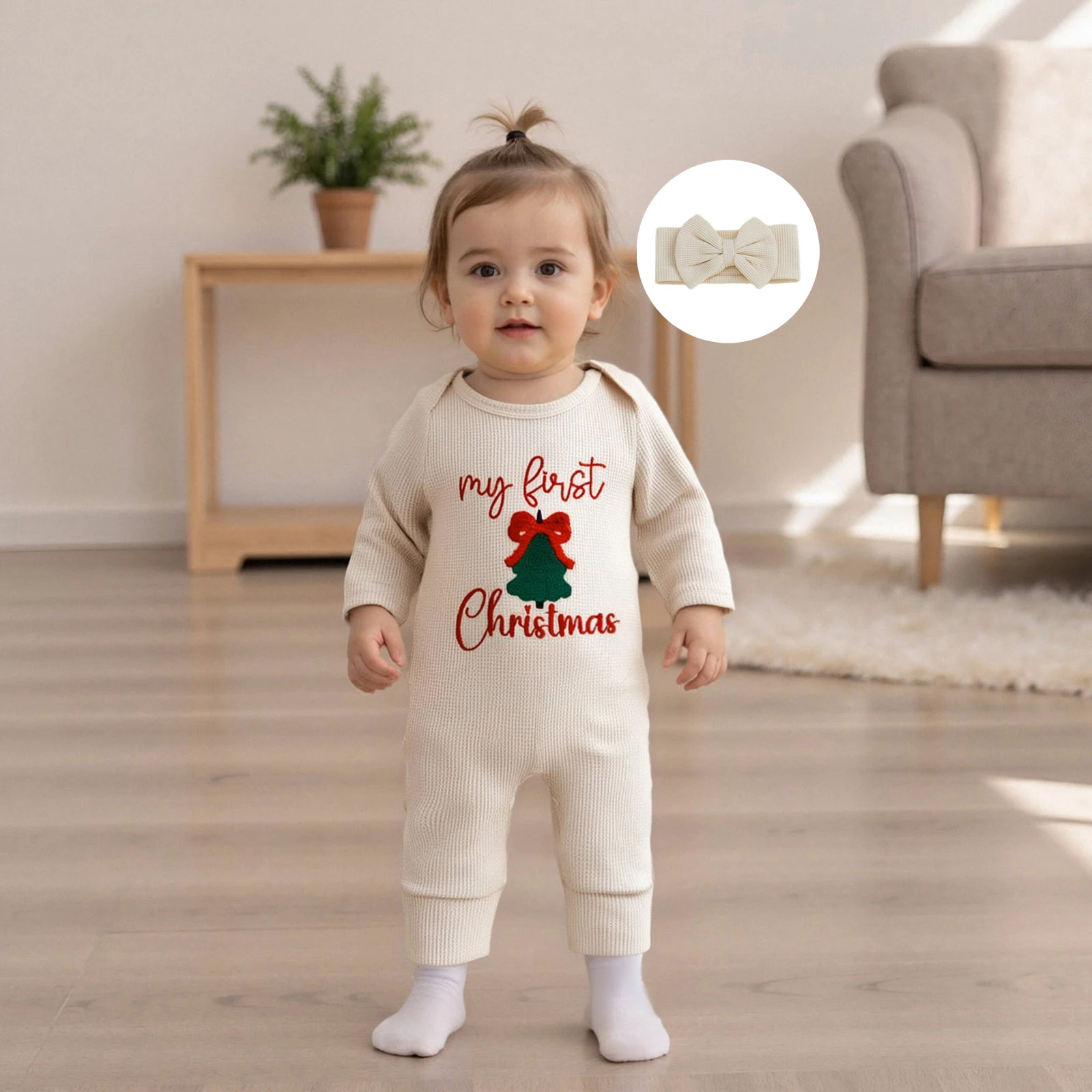 0-6 mesi Il mio primo vestito natalizio per bambina Neonato Babbo Natale Waffle Maglione lavorato a maglia Pagliaccetto Tuta Abiti carini per neonati - immagine 6