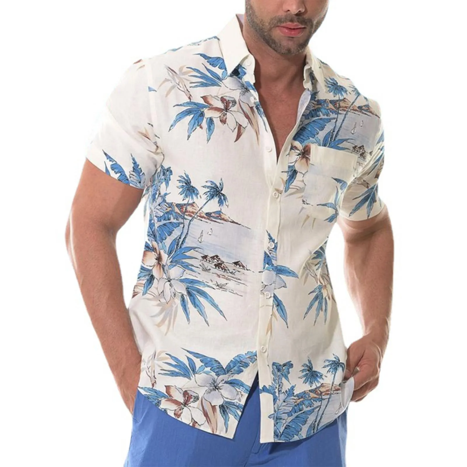 

Tourist Holiday Beach Seaside Summer Comfortable Simple Fashion Printed Short Sleeved Shirt Man Breathable Geometric