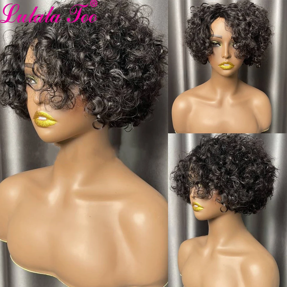 Women's Side Parted Short Curly Pixie Cut Bob， Human Hair Wig ,Full Machine Wigs， For Black Women Brazilian Remy Hair