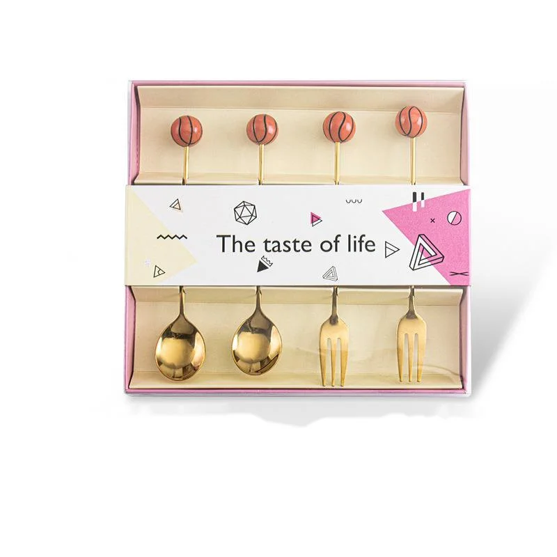 10Sets Creative Football Basketball Spoon Fork Stainless Steel 304 Fruit Fork Coffee Dessert Spoon Gift Box Set