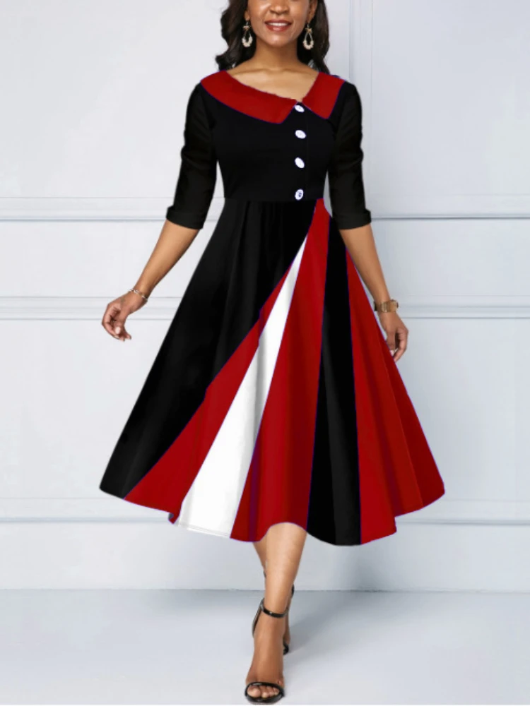 

Spring Autumn Dress Fashion Women's Clothing 2023 New Button Decoration 3D Print Big Swing 5/4 Sleeve Dresses Vestidos De Mujer