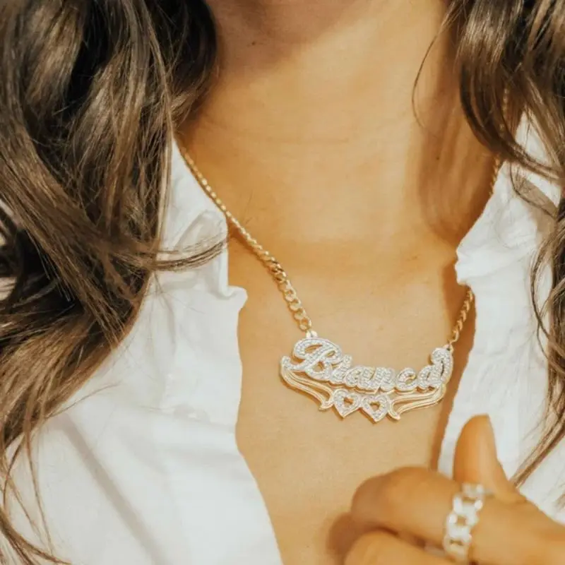 Customized Necklace Double Layer Two Tone Two Hearts Personalized Custom Gold Plated Name Stainless Steel  Necklace For Women